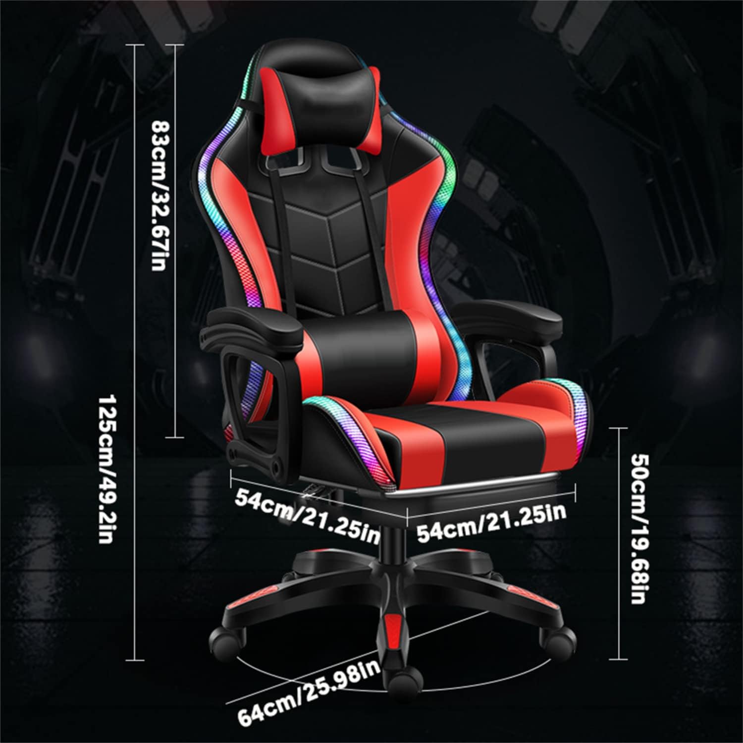 XOOFMASS RGB Gaming Chair with Massage and Footrest Large Ergonomic Computer Desk Chair Video Gaming Chair with Speakers and LED Light Effect, 90°-135° Adjustable Reclining Gamer Chair,Red