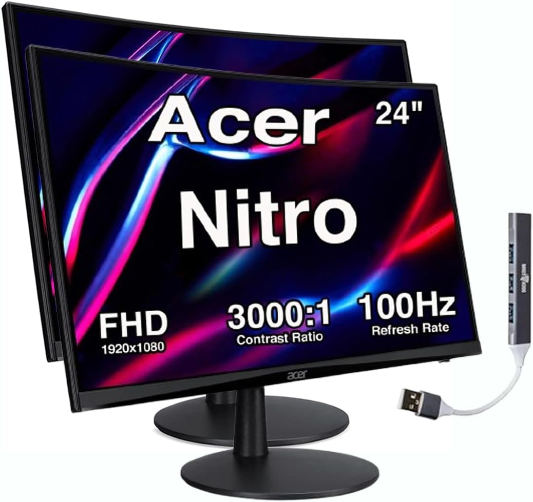 Acer Nitro ED240Q 24-Inch 1500R Curved FHD Monitor, FreeSync, 1ms Response Time, ZeroFrame Design, HDMI, VGA, VESA Mount (100mm) & Dockztorm USB Port Expander – Black (2026 Latest Model) 2 Pack