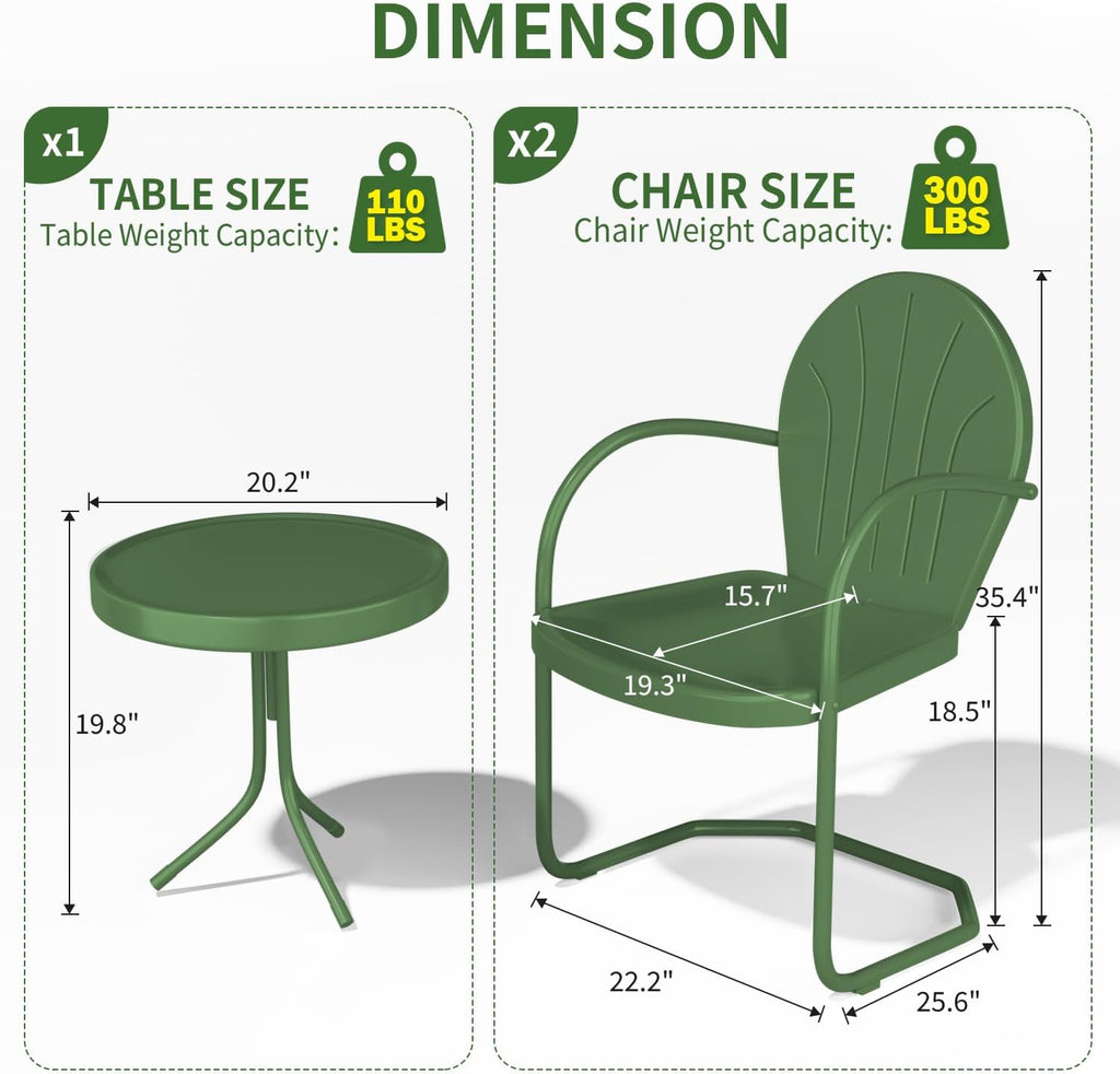Patio Bistro Set Retro Metal Outdoor Seating Set Conversation Set 3 Pieces, 2 C-Spring Motion Armchairs and Round Side Table, for Porch, Lawn, Garden (Green)