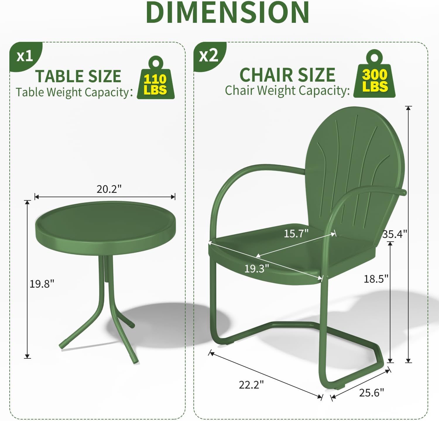 Patio Bistro Set Retro Metal Outdoor Seating Set Conversation Set 3 Pieces, 2 C-Spring Motion Armchairs and Round Side Table, for Porch, Lawn, Garden (Green)