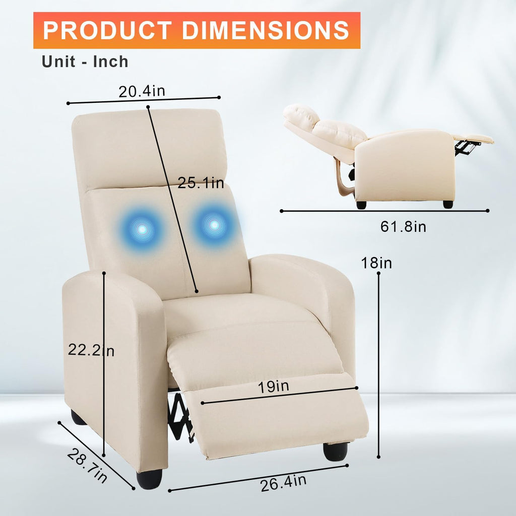BestMassage | Recliner Chair | with 2 Point Massage Function | Textile Beige | with Lumbar Support, Adjustable Push Back, Footrest & Padded Seat | Easy Assembly | for Living Room, Home Theatre