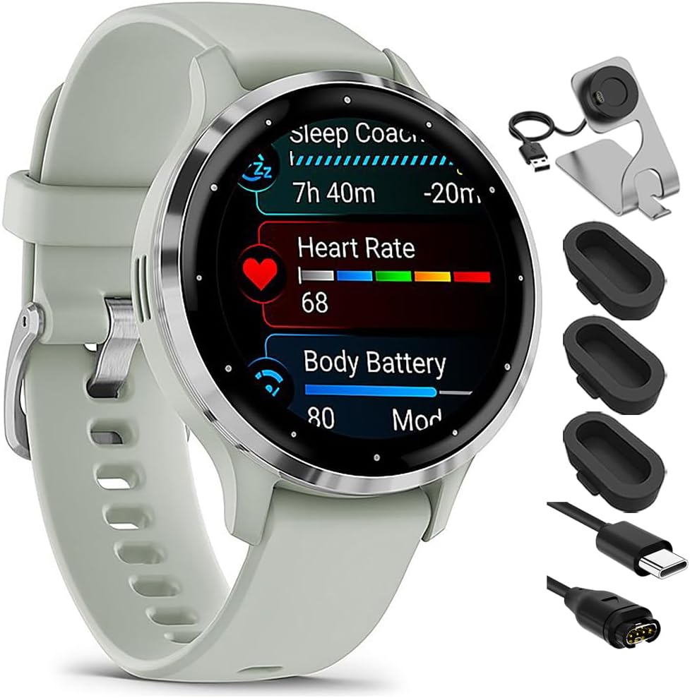 Garmin 010-02785-01 Venu 3S Health Fitness GPS Smartwatch Steel Bezel with Sage Gray Case 41mm Bundle with Charging Dock, Silicone Dust Cover 3 Pack and USB Type C Charging and Sync Cable