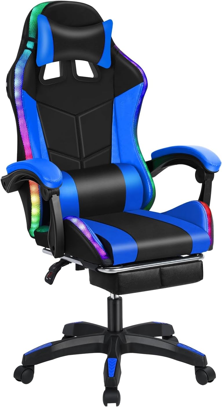 Talent Star Gaming Chair with Bluetooth-Compatible Speakers and RGB LED Lights, Ergonomic Massage Computer Chair with Height Adjustable, Video Game Chair High Back with Lumbar Support Black Blue