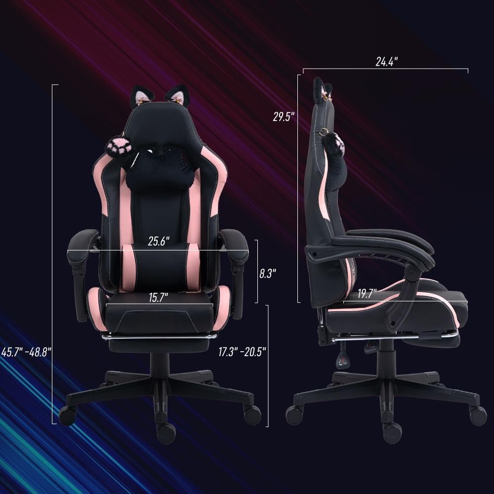 Pink Gaming Chair with Cute Cat Ears Comfy Ergonomic Computer Chair with Footrest and Headrest, Video Game Chairs for Girls, Adult, Teen, Height Adjustable, Lumbar Support (Pink Black)