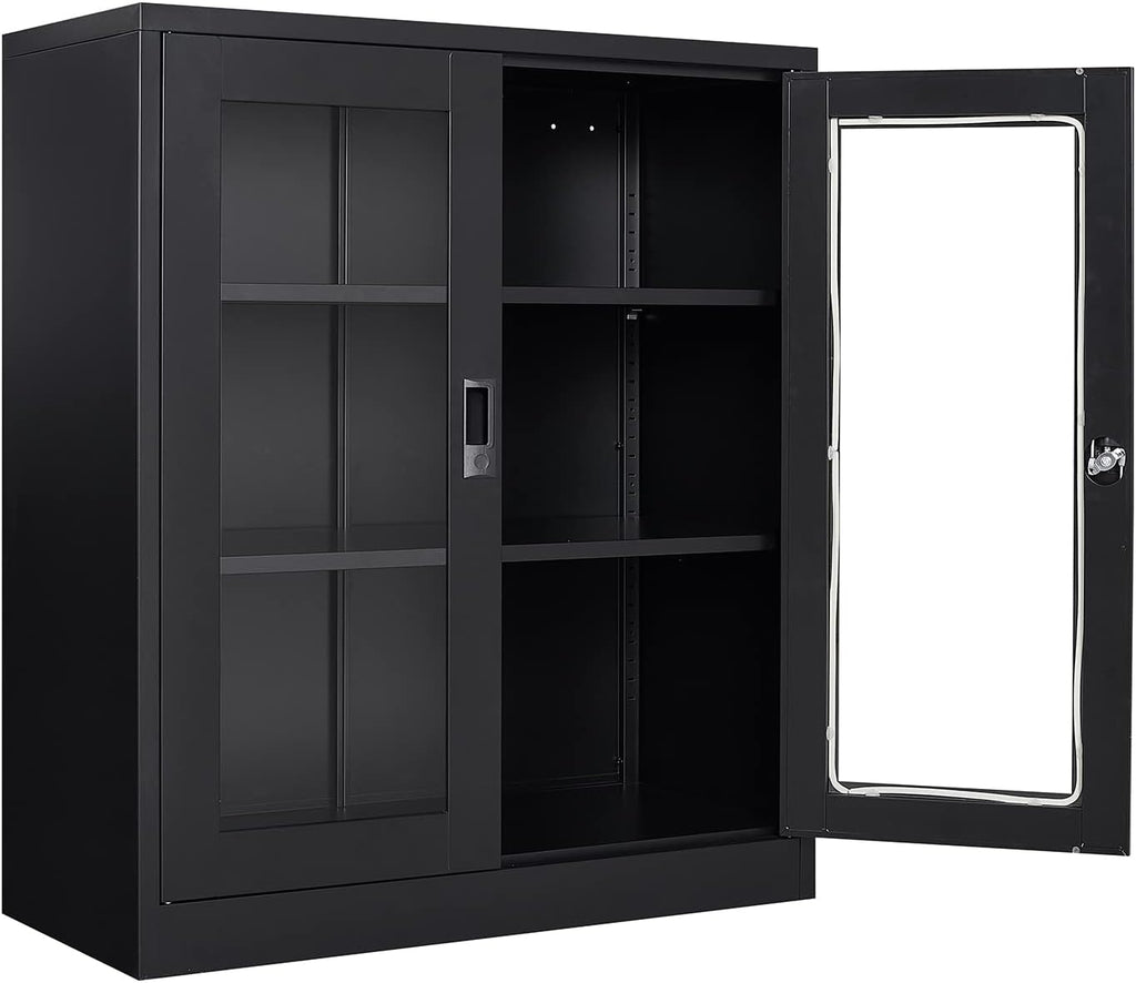 Lockable Display Cabinet with Acrylic Doors and Adjustable Shelves, Metal Storage Cabinet Curio Liquor Cabinet, Display Case Bookcase for Home Office, Pantry(Black)