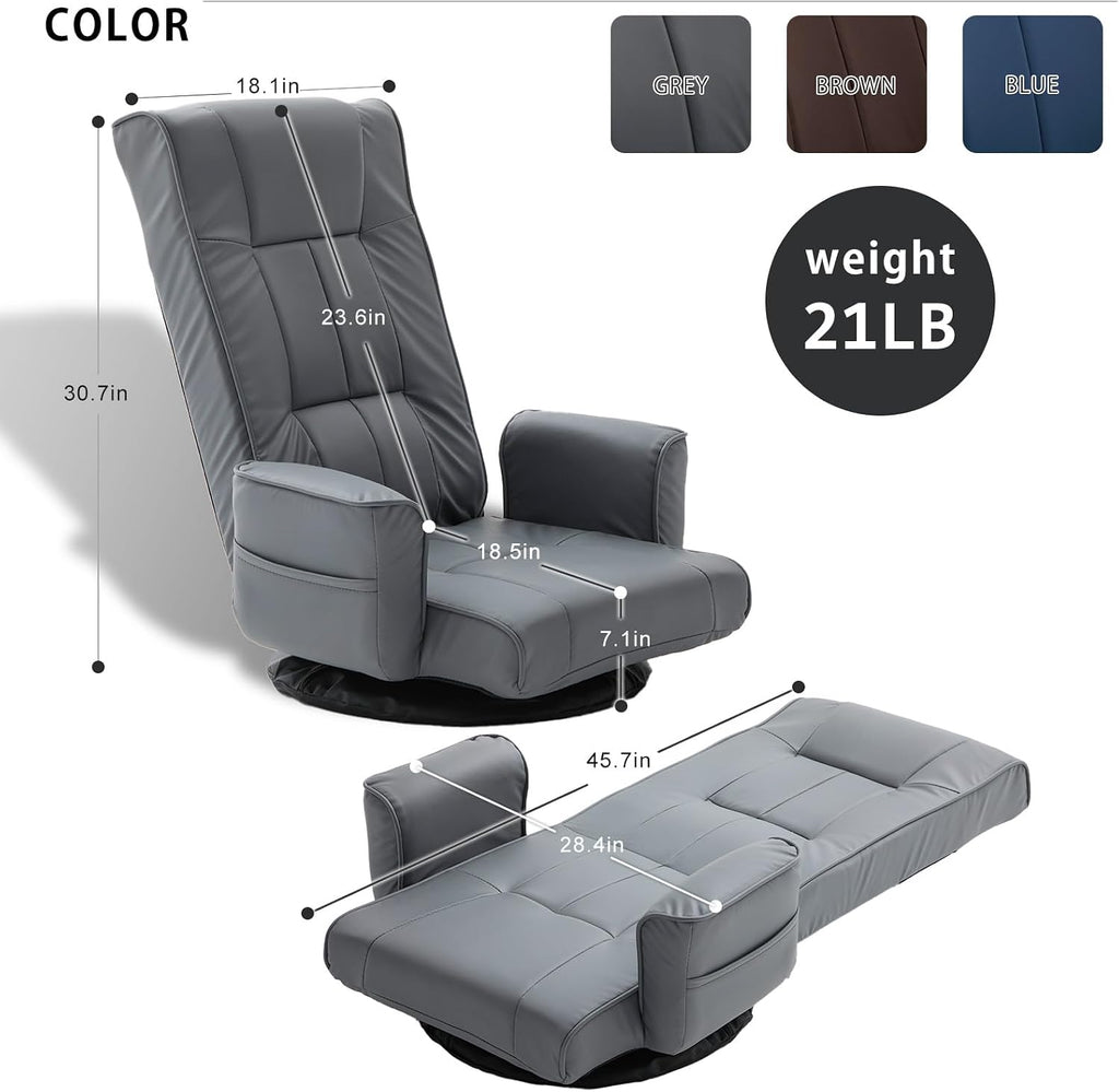 360 Degree Swivel Floor Chairs for Adults, Faux Leather Gaming Floor Chair with Back Support, 14 Angles Adjustable Comfortable Floor Lounge Chair Folding Video Game Chairs Office Bedroom