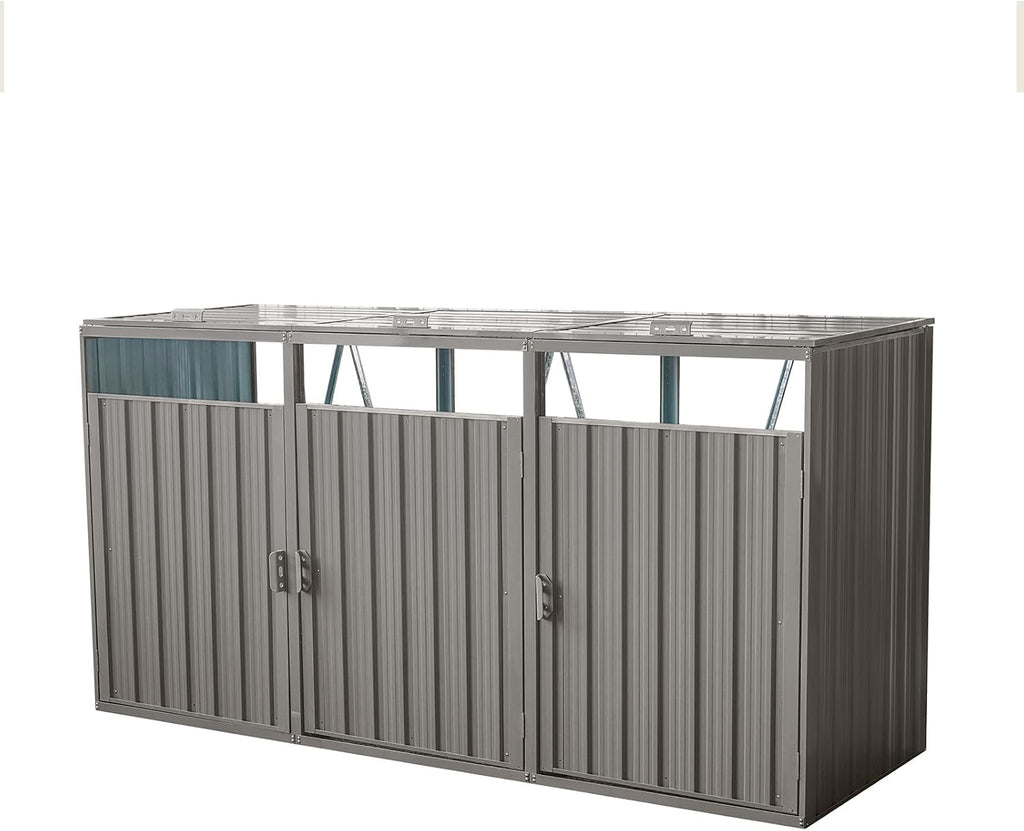 Outdoor Trash Can Storage, Storage Shed for 3 Trash cans and Tools,Waterproof Garbage Bin shed,Metal Trash Can Storage Shed Outdoor for Garden Yard(Light Grey-3 Doors)