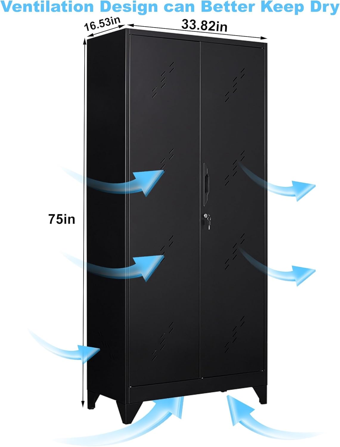 OSEILLC Metal Storage Cabinet with Locking Doors, 75' Tall Garage Cabinet with Hanging Rod, Broom Closet/Freestanding Bathroom Storage Cabinet, Cleaning Tool Storage