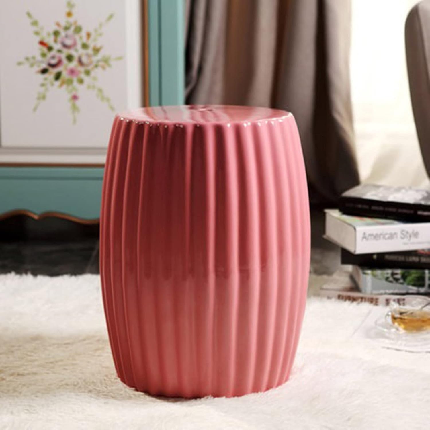 Garden Stool,Ceramic Garden Stool, European-Style Home Decorations, Dressing Stools, Living Room Flower Ceramic Drum Stools, Pavilions Drying Stools. (Color : Pink)(Pink)