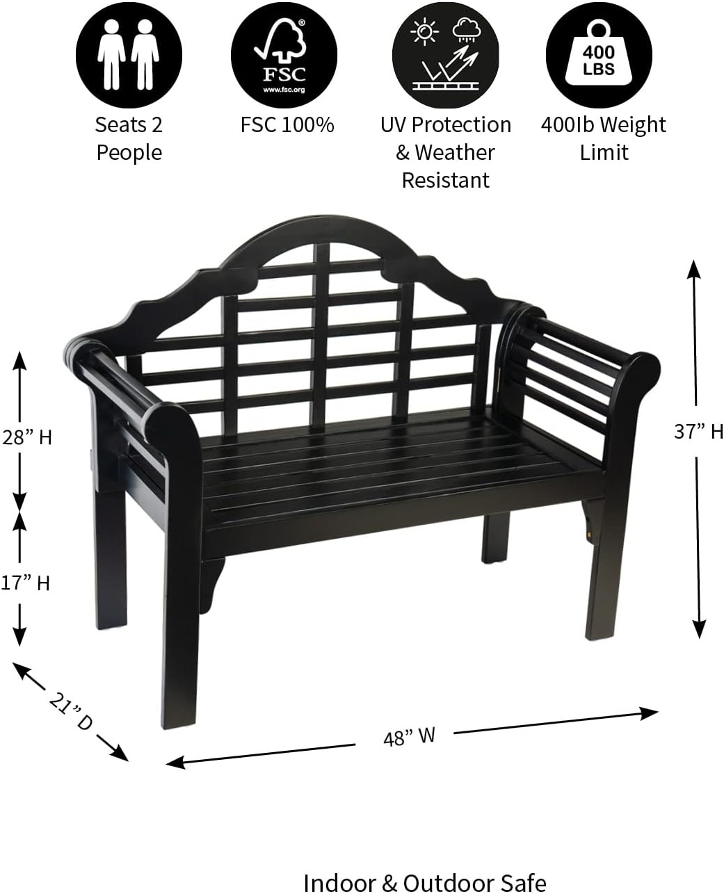 Plow & Hearth Weatherproof Lutyens Eucalyptus Wood Garden Bench | Foldable Patio Bench | Outdoor Furniture Seating for Porch Park Deck | Black