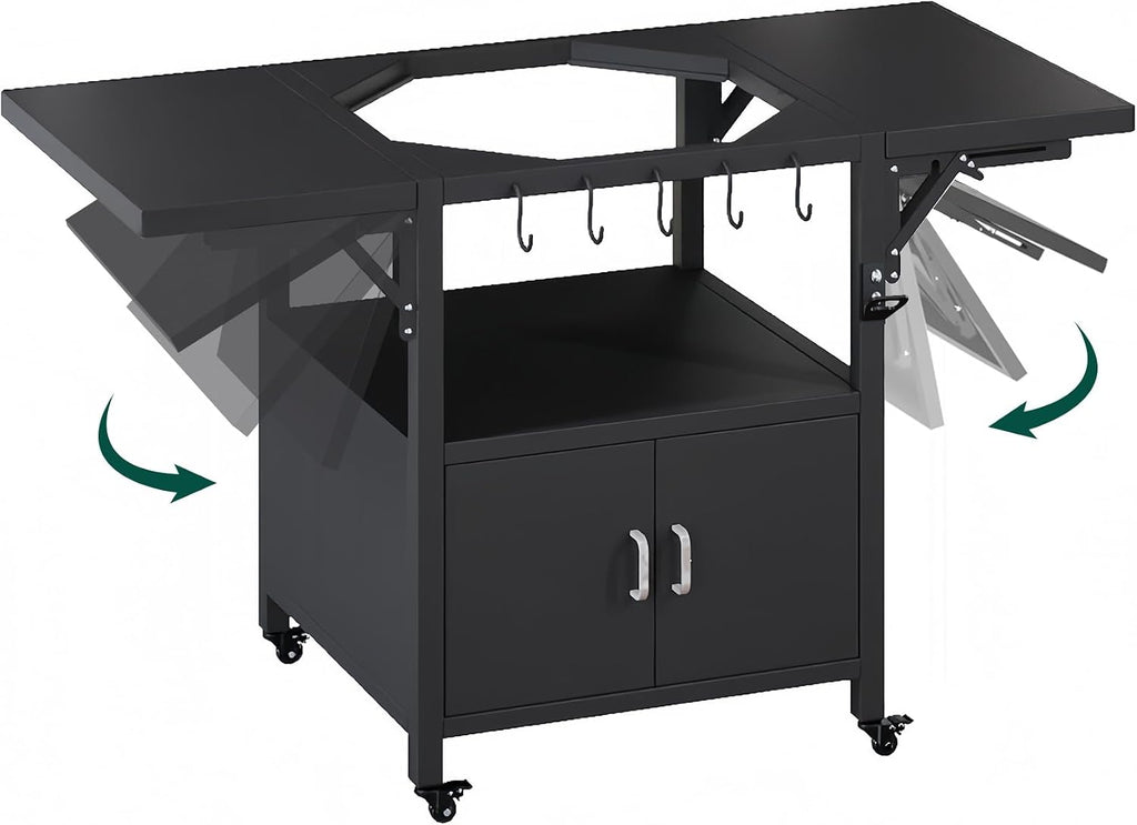 59' L Outdoor Grill Table for Big Green Egg Accessories, Heavy Duty Metal Cart Prep Table with Detachable Desktable, Hooks, Removable Central Cover, Compatible with Egg Grill and Tabletop Griddle