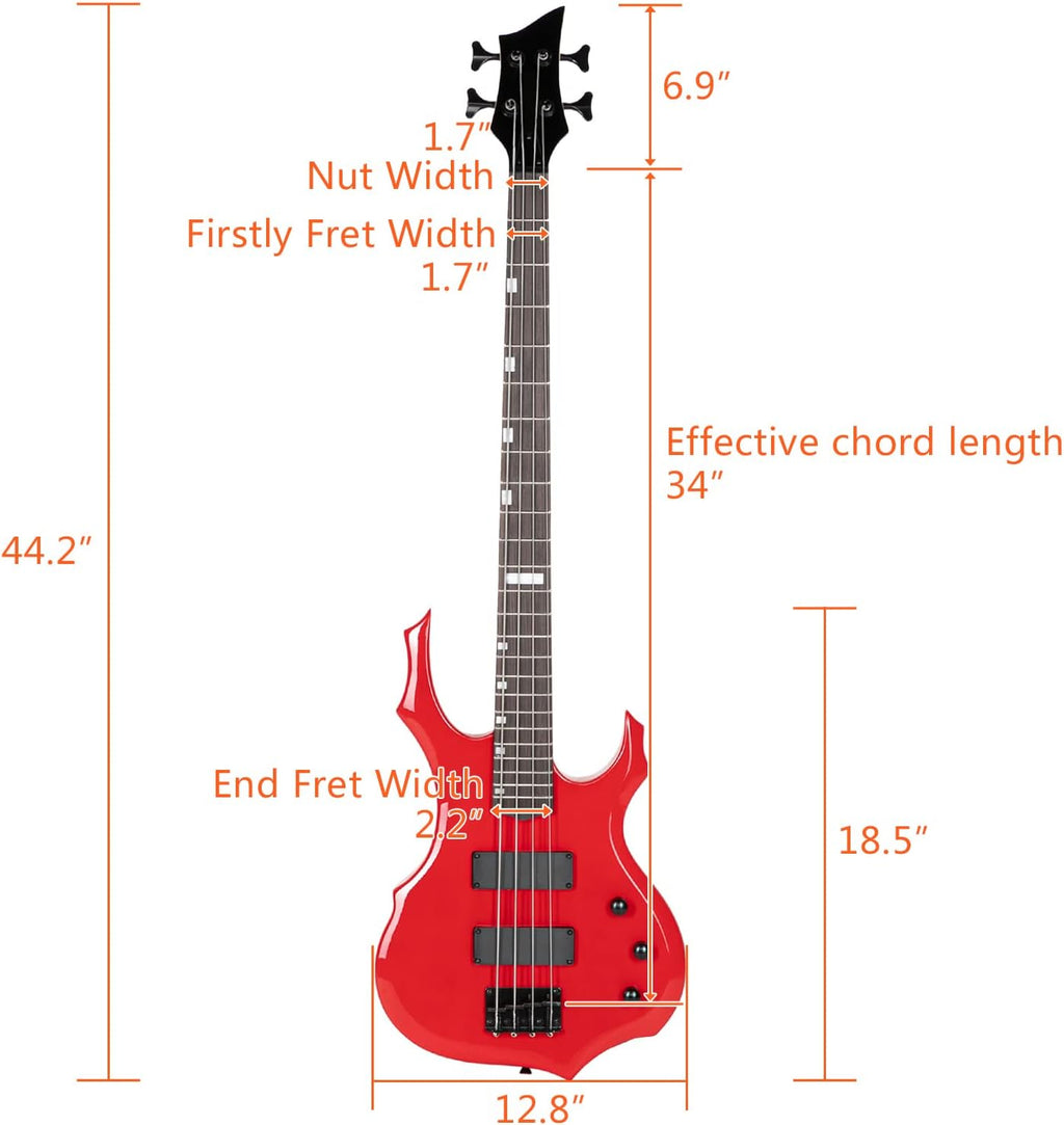 Ktaxon Electric Bass Guitar Full Size Flame Design Bass Set with 20 Watt Amplifier, Portable Bass Bag, Superior Amp Wire, Adjustable Guitar Strap, Plectrum, Wrench Tool(Red)