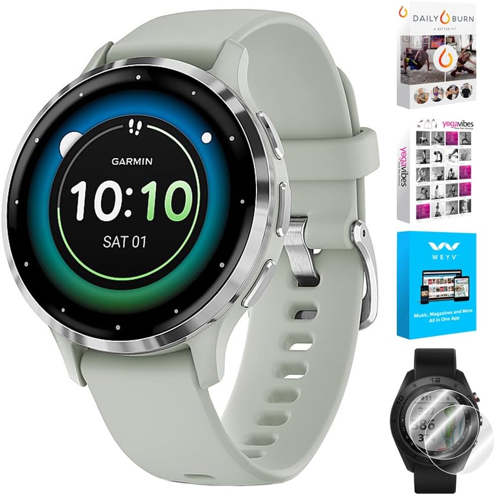 Garmin 010-02785-01 Venu 3S Health Fitness GPS Smartwatch Steel Bezel with Sage Gray Case 41mm | Official USA Partner Model | Bundle with Deco Screen Protector, Fitness & Wellness Suite