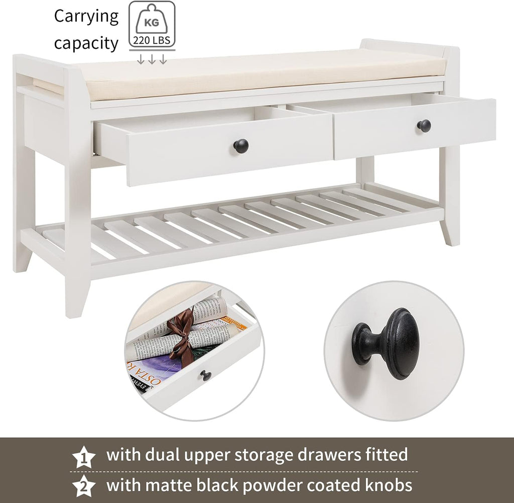Harper & Bright Designs TREXM Shoe Rack with Cushioned Seat and Drawers, Multipurpose Entryway Storage Bench (White)