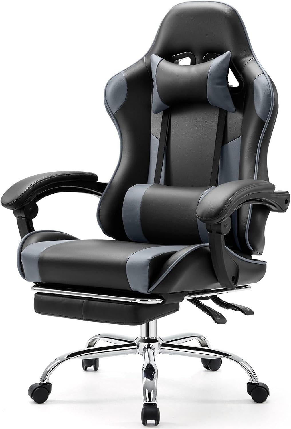 Sweetcrispy Computer Gaming Chair with Footrest, Ergonomic High Back PU Leather Video Racing Chair with Adjustable Headrest & Linkage Armrest, for Office and Home, Adults, Grey