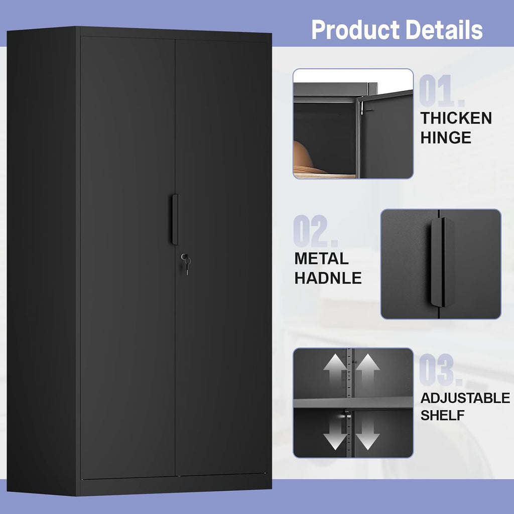 IRONFFICE Metal Storage Cabinet,Steel Armoire Wardrobe Closet with Adjustable Shelves,Hanging Rod,Almirah for Clothes,Locking Wardrobe Cabinet for Bedroom,Home,Black