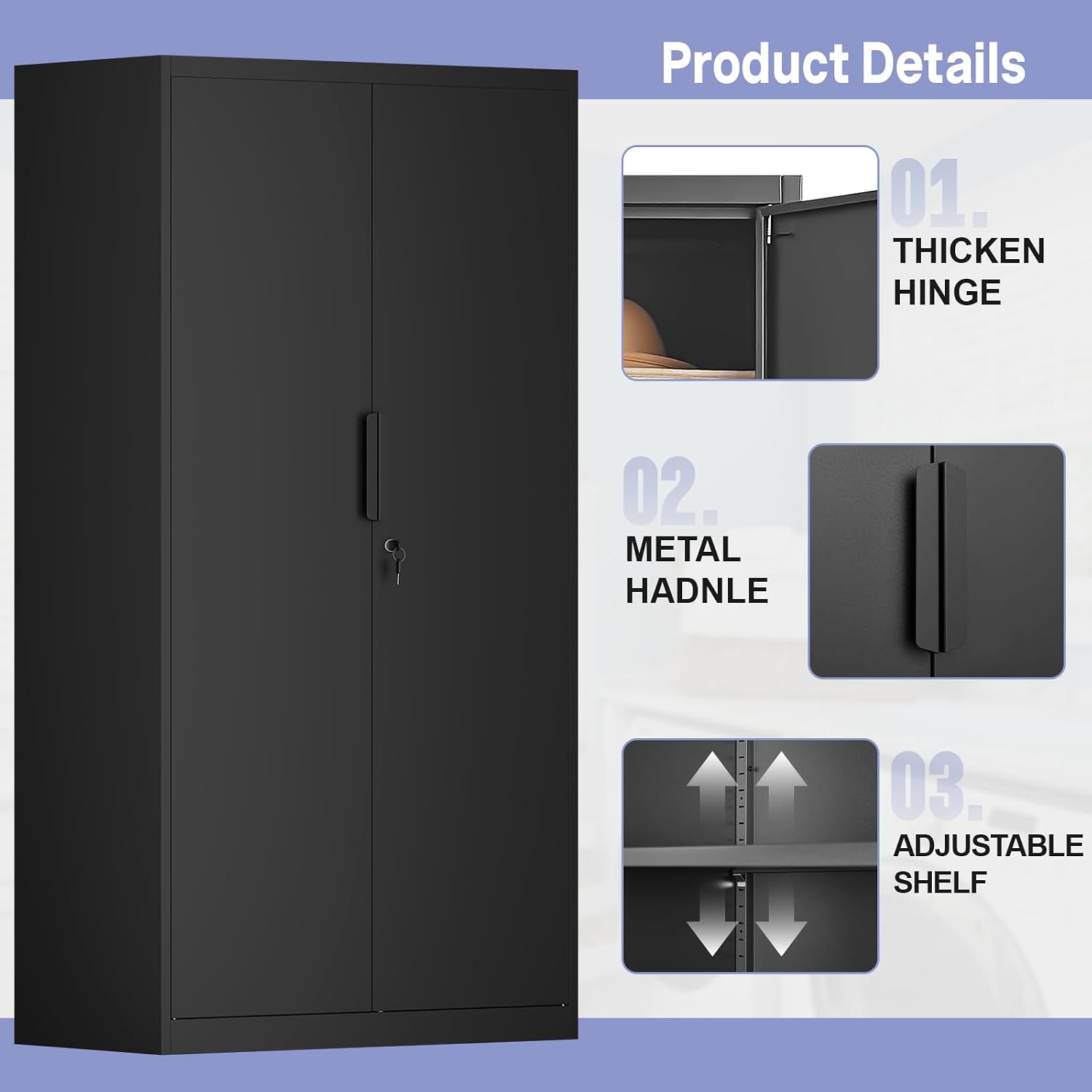 IRONFFICE Metal Storage Cabinet,Steel Armoire Wardrobe Closet with Adjustable Shelves,Hanging Rod,Almirah for Clothes,Locking Wardrobe Cabinet for Bedroom,Home,Black
