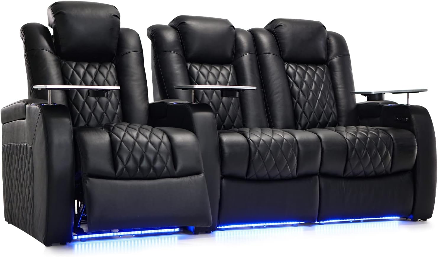 Weilianda Home Theater Seating Top Grain Leather Zero Gravity Recliner Chair Power Headrest Recline Movie Seat Gaming 7 Colors Mood Light Sofa with Tray Table USB Charge Row of 3 Loveseat Right Black