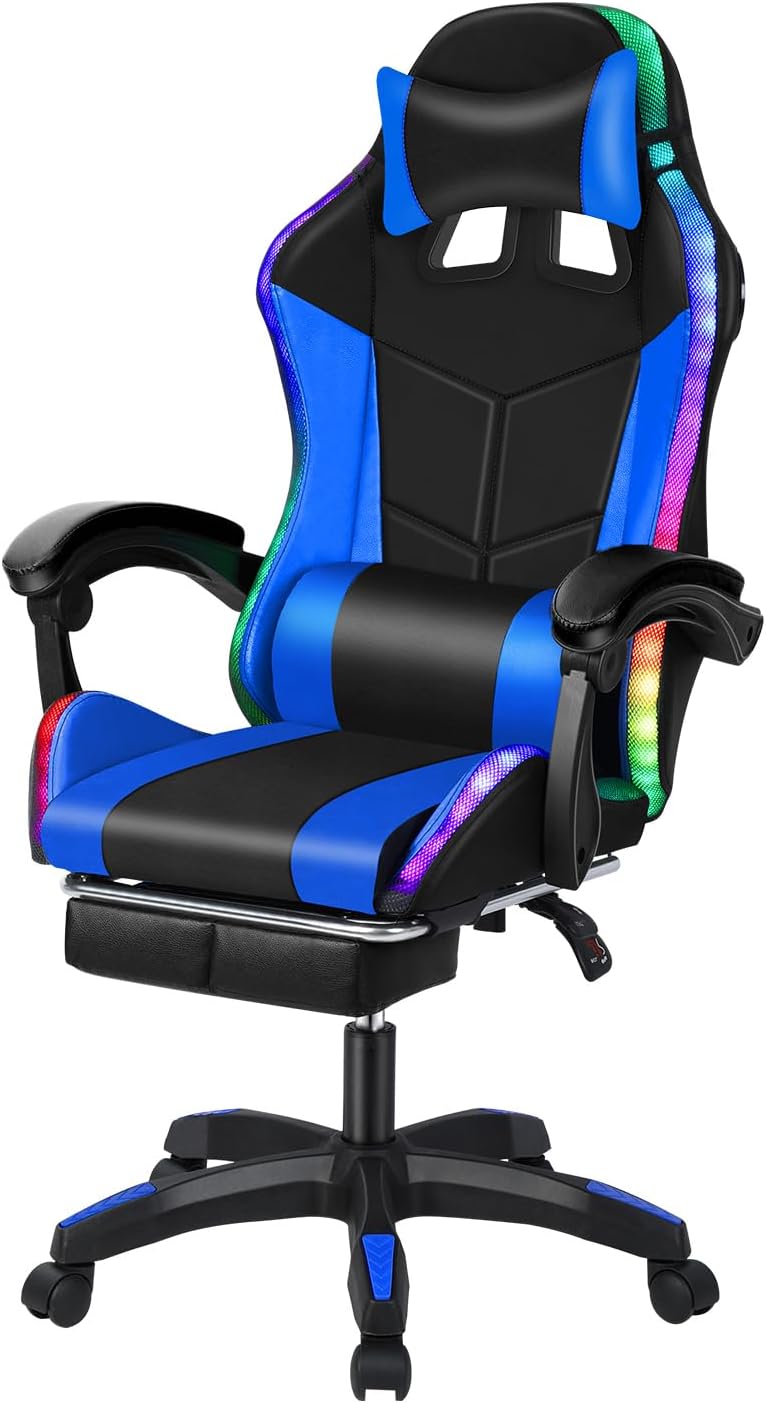 Gaming Chair with Compatible Speakers and RGB LED Lights, Ergonomic Massage Computer Gaming Chair with Height Adjustable, Video Game Chair High Back with Lumbar Support (Black Blue)