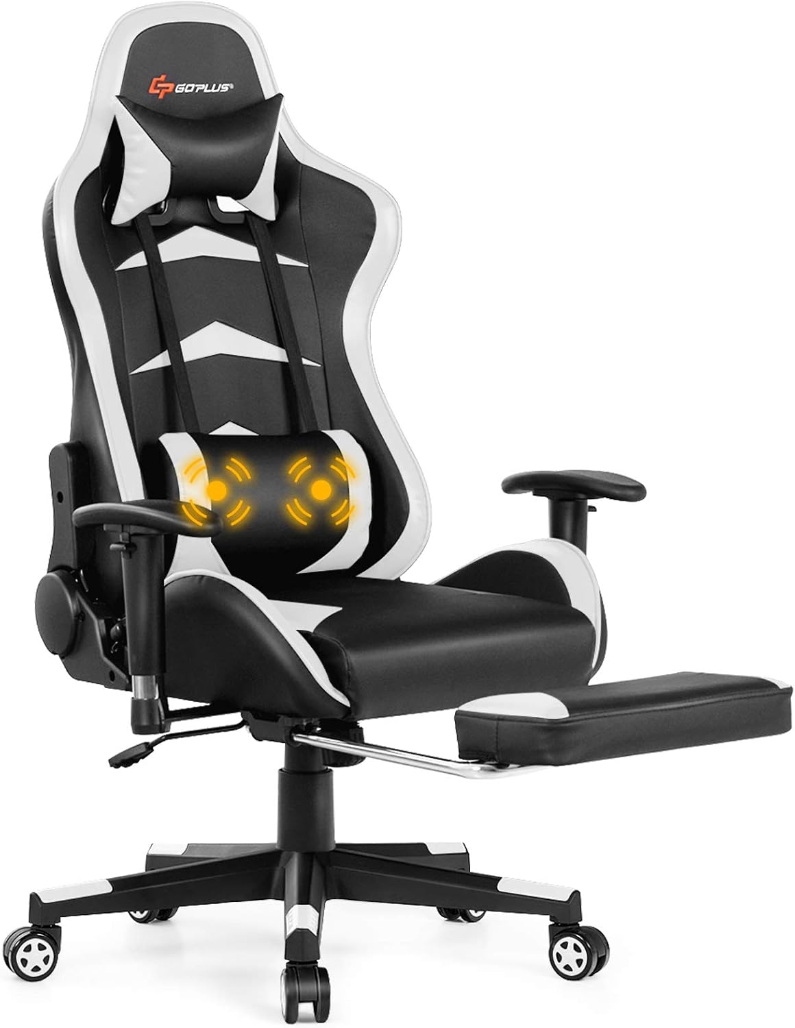 Goplus Massage Gaming Chair, Reclining Backrest, Handrails and Seat Height Adjustment Racing Computer Office Chair, High Back Ergonomic PU Leather Swivel PC Game Chair with Footrest