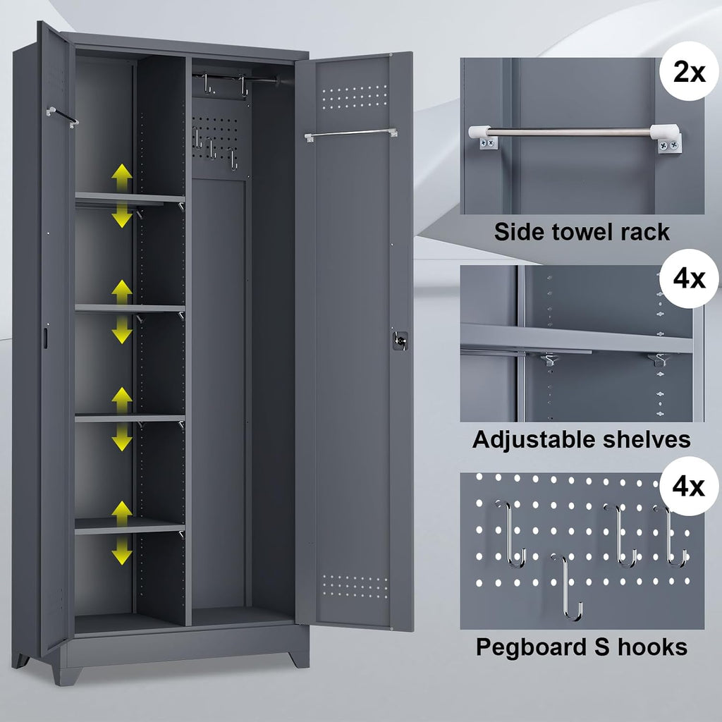 Metal Tool Storage Cabinet, Broom Closet with Hooks, 72.8' Tall Garage Cabinet with Shelves, Heavy-Duty Cleaning Storage for Utility Room, Gym, Office, Garage