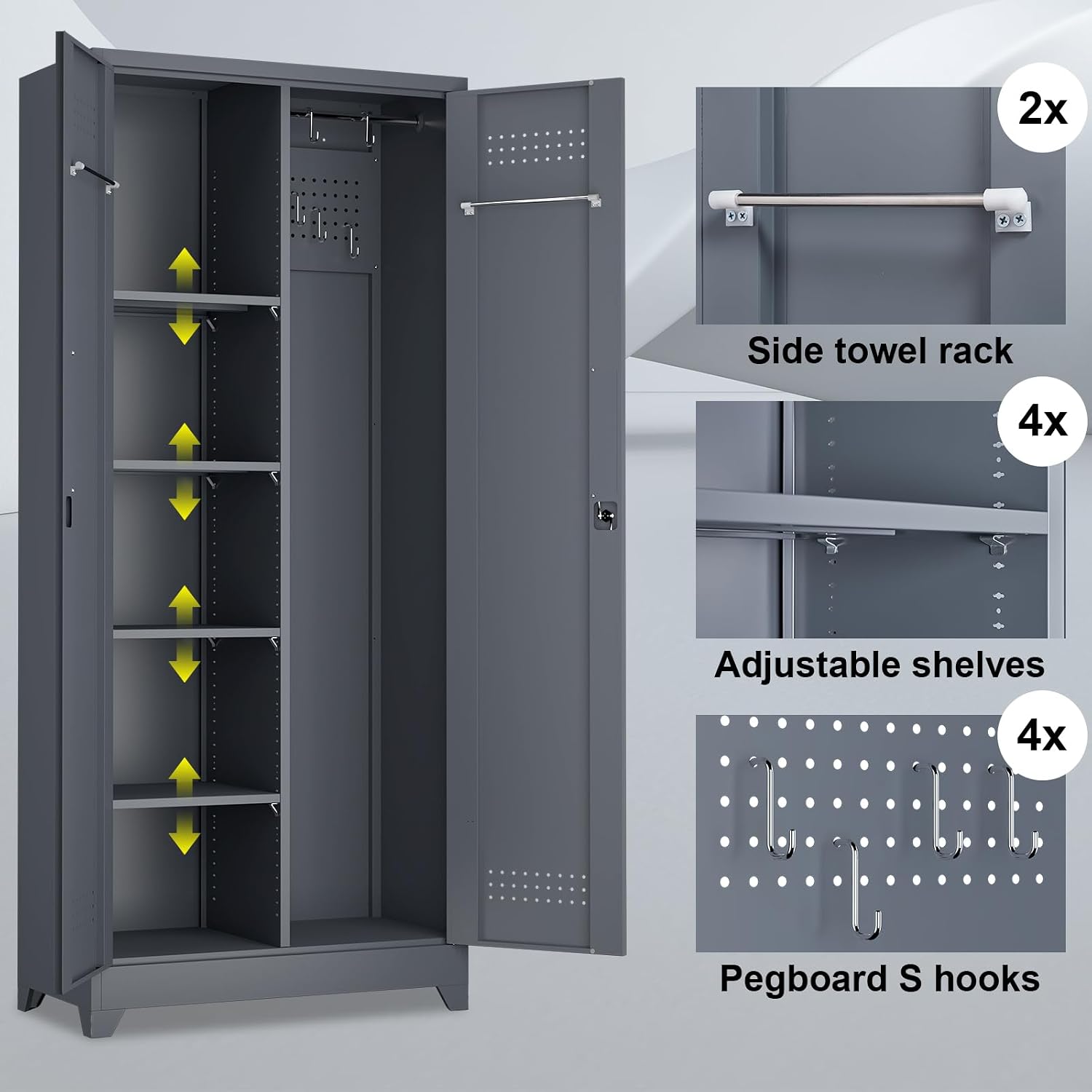 Metal Tool Storage Cabinet, Broom Closet with Hooks, 72.8' Tall Garage Cabinet with Shelves, Heavy-Duty Cleaning Storage for Utility Room, Gym, Office, Garage
