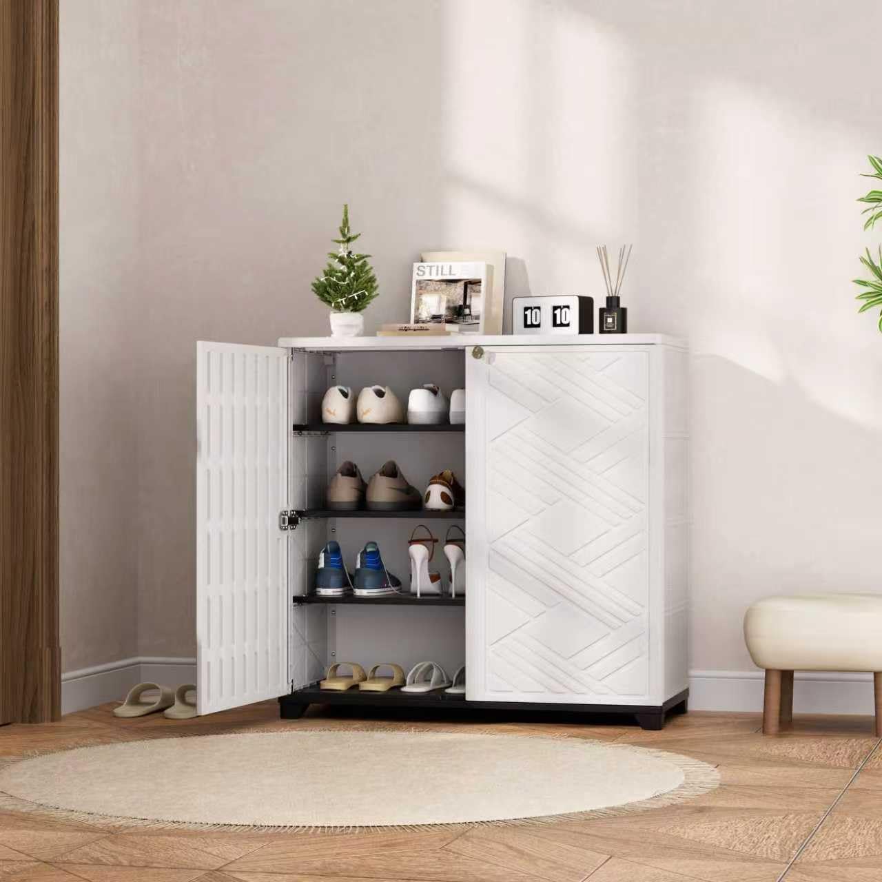 Mrosaa Outdoor/Indoor Storage Box,Resin and Plastic Storage Cabinet Waterproof,Outdoor Cabinet for Patio/Garden/Balcony/Backyard/All Room(with 3 Shelves)-White