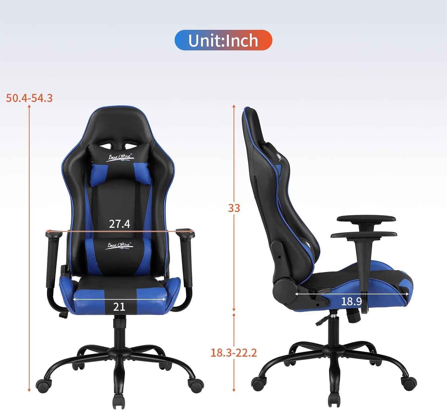 Gaming Chair Office Chair Desk Chair with Lumbar Support Headrest Armrest Task Rolling Swivel Ergonomic E-Sports Adjustable PC Gamer Chair Blue