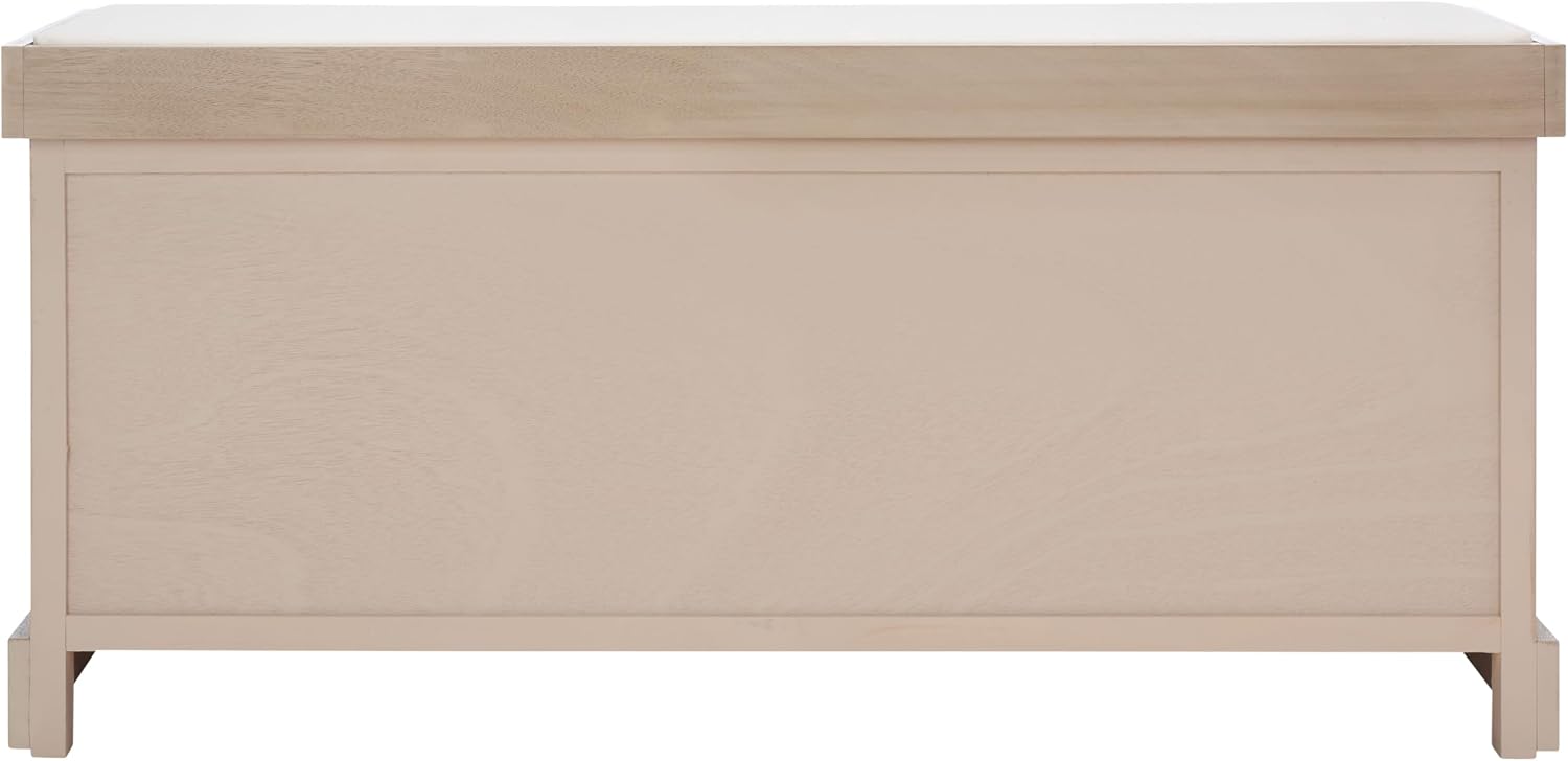 SAFAVIEH Home Collection – Briar 3-Drawer Upholstered Storage Bench, Farmhouse Entryway Accent Bench with Cushion Top, Sand Frame & Distressed White Drawer Fronts (BCH5700B)