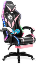 HOFFREE Pink Gaming Chair with Speakers ANG Lights Massage Computer Gaming Chair with Footrest High Back Video Game Chair for Girls Pink and Black