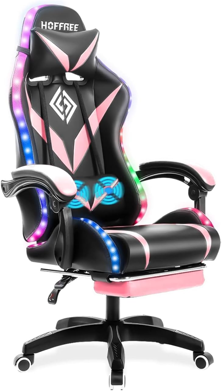 HOFFREE Pink Gaming Chair with Speakers ANG Lights Massage Computer Gaming Chair with Footrest High Back Video Game Chair for Girls Pink and Black