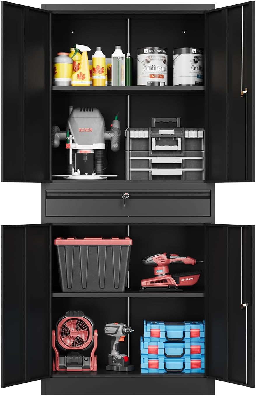 Fesbos 71' Metal Cabinet-Black Heavy Duty Storage File Cabinet Steel Tool Cabinets with Shelves, Lockable Doors and Drawers- for Garage, Pantry, Warehouse - Assembly Required