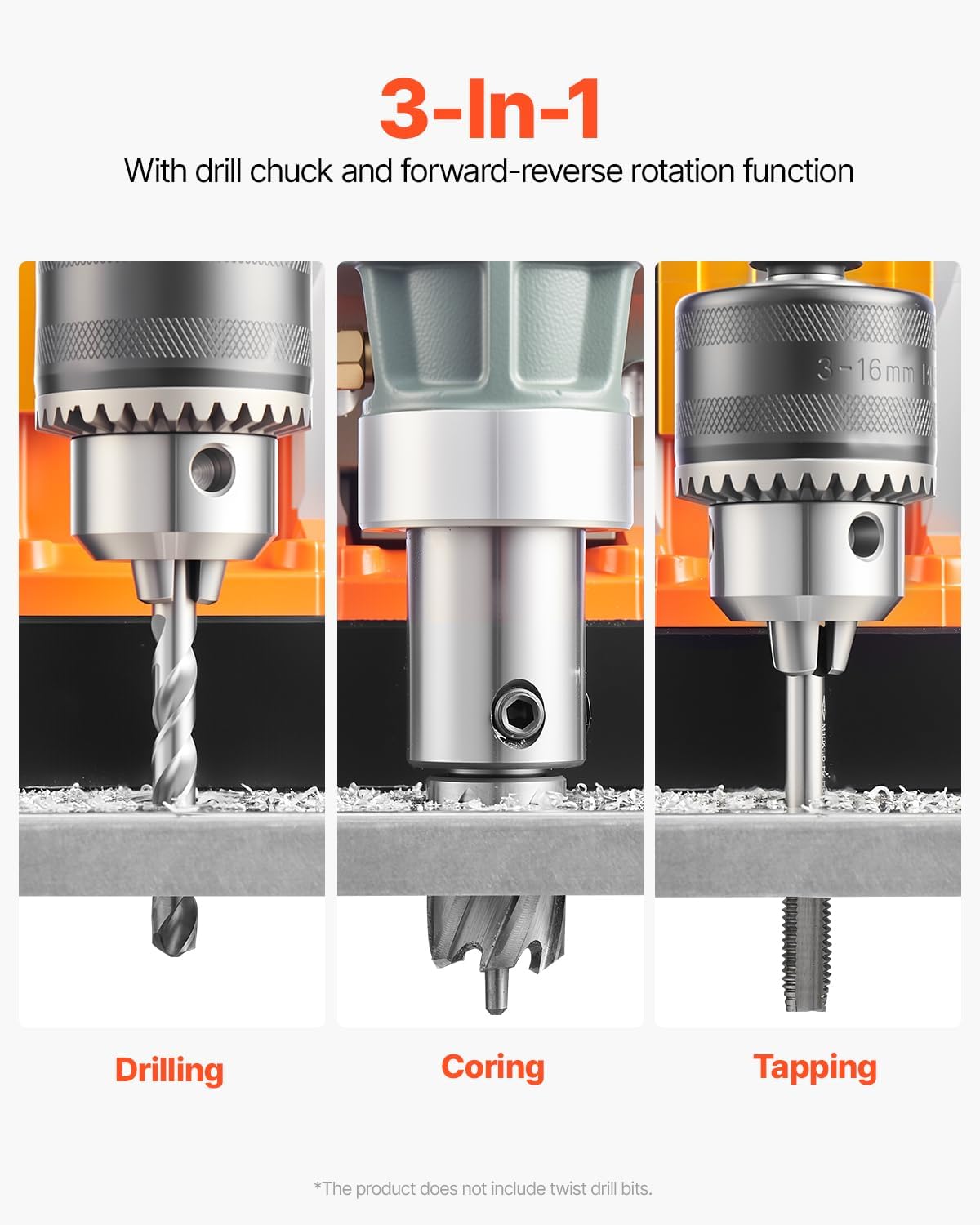 VEVOR Magnetic Drill, 1450W Motor 1.6 in Boring Diameter, 2810 lbf Portable Electric Mag Drill Press, with 2 Coring Bits, Variable Speed, Drilling Machine for Metal Surface, Home Improvement Industry
