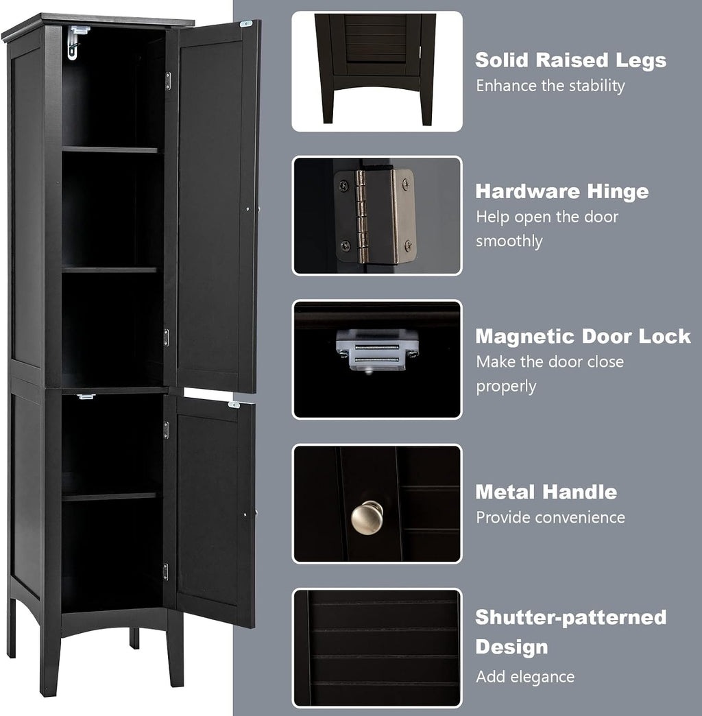 Tangkula Tall Bathroom Storage Cabinet, 5-Tier Wooden Freestanding Tower Cabinet, Narrow Storage Floor Cabinet w/ 2 Doors & Shelves for Bathroom Living Room Kitchen (Black)