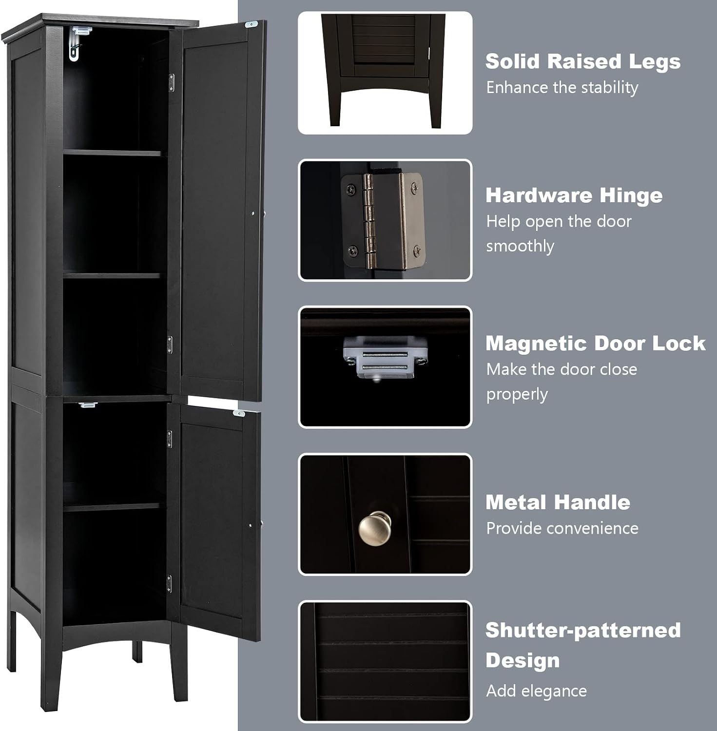 Tangkula Tall Bathroom Storage Cabinet, 5-Tier Wooden Freestanding Tower Cabinet, Narrow Storage Floor Cabinet w/ 2 Doors & Shelves for Bathroom Living Room Kitchen (Black)