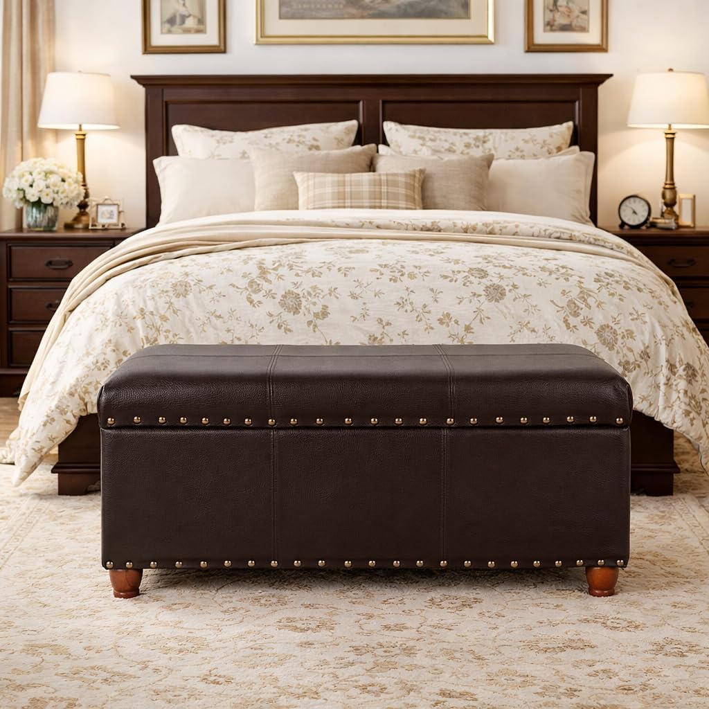 HomePop Espresso Faux Leather Storage Cocktail Bench with Nailhead Trim