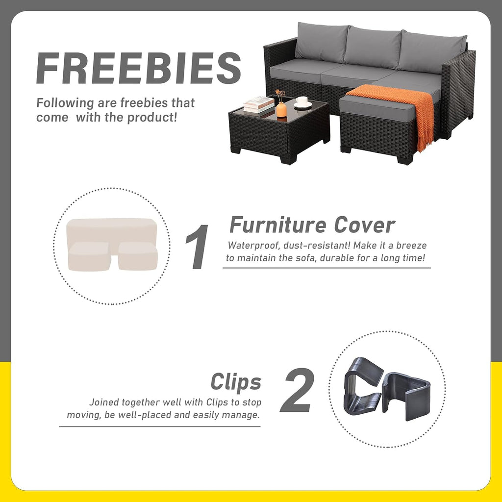 Oasishine Wicker Patio Furniture Patio Couch 3 Pieces Outdoor Sectional with Ottoman and Outdoor Glass Table Weathering Anti-Slip Cushions Furniture Covers, Light Grey