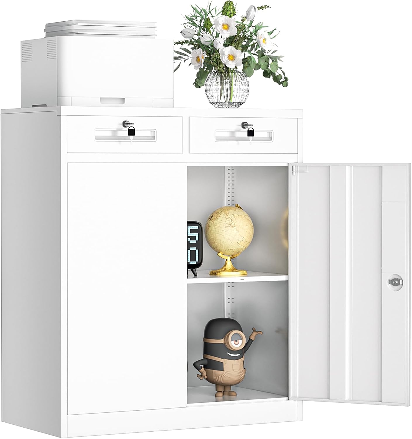 INTERGREAT Metal Storage Cabinet with Drawers, 36'H Lockable Office Storage Cabinets with 2 Doors and Adjustable Shelves, White Steel File Cabinet for Home Office, Garage, School, Apartment(White)