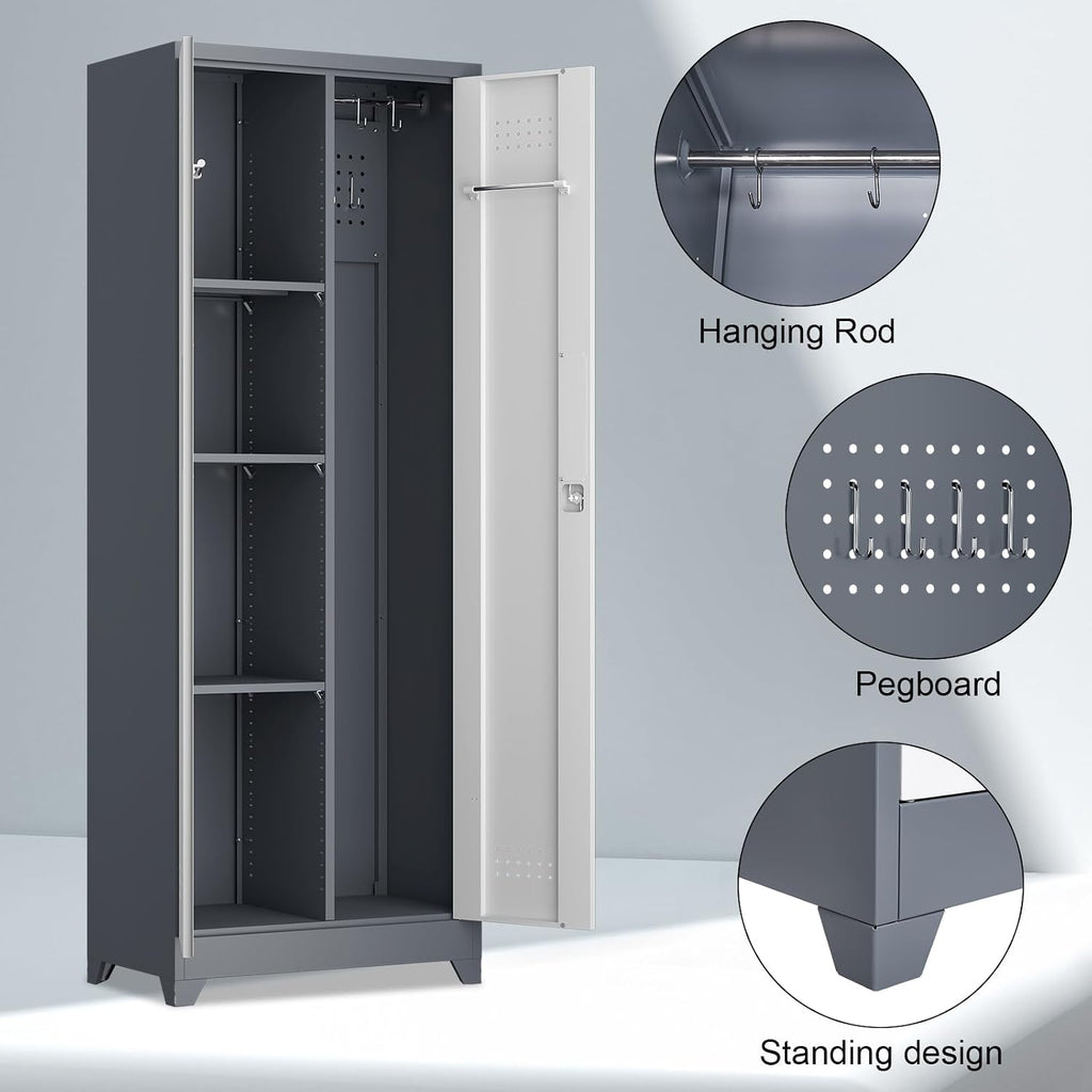 Broom Storage Cabinet, Metal Utility Storage Cabinet with Hanging Rail, 65' Tall Cleaning Tool Organizer with Shelves and Doors, for Home, Garage, Office, Balcony
