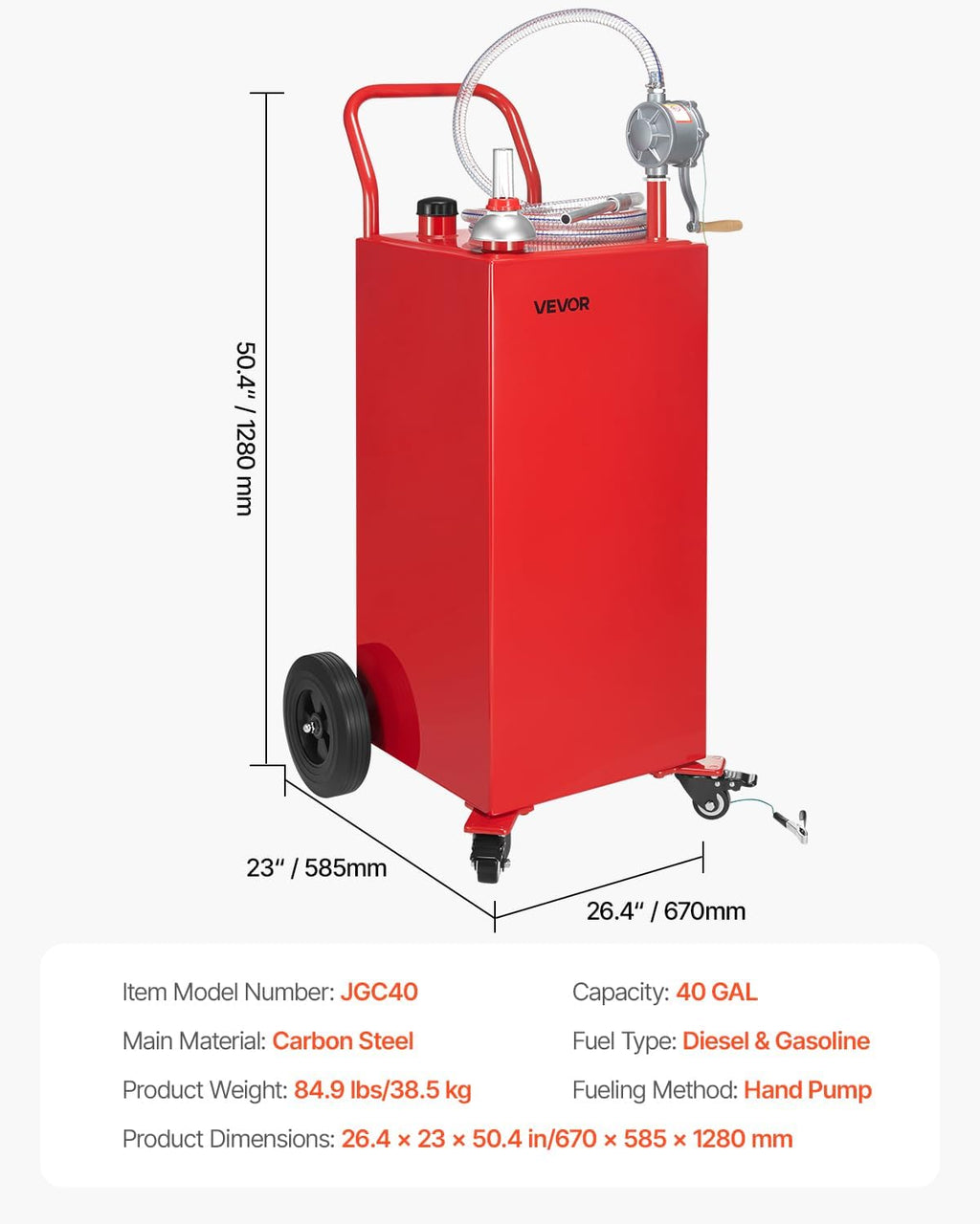 VEVOR 40 Gallon Gas Caddy, Diesel Tank with Manual Transfer Pump, Diesel Storage Tank with 4 Wheels & 10 ft Hose, Gas Container for Cars, Lawn Mowers, ATVs, Boats, More, Red