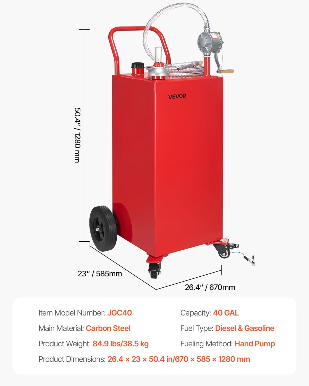 VEVOR 40 Gallon Gas Caddy, Diesel Tank with Manual Transfer Pump, Diesel Storage Tank with 4 Wheels & 10 ft Hose, Gas Container for Cars, Lawn Mowers, ATVs, Boats, More, Red