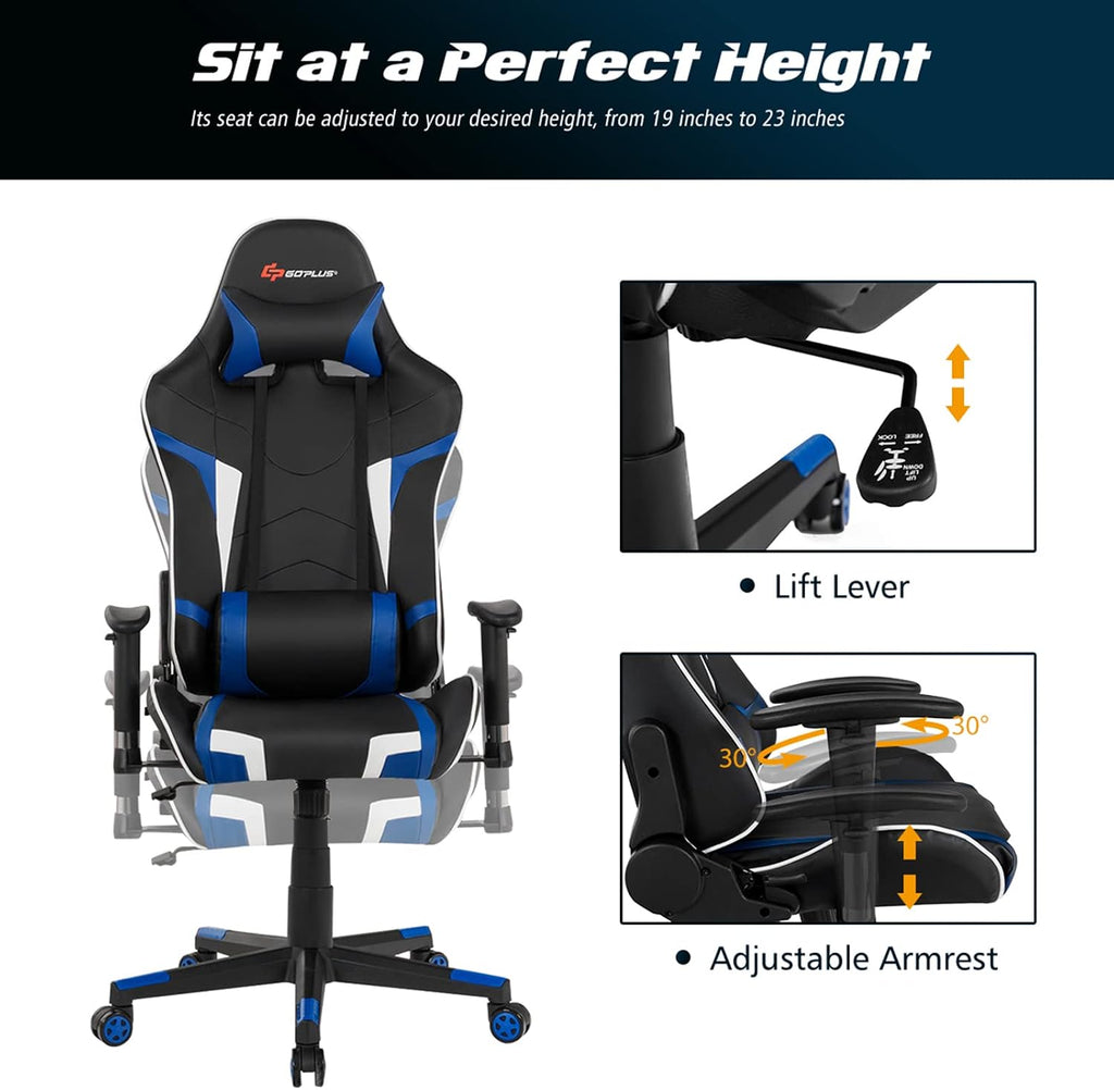 Massage Gaming Chair, High Back Office Computer Chair with Headrest and Lumbar Support, Racing Style Reclining Swiveling Game Chair for Home Office (Blue)