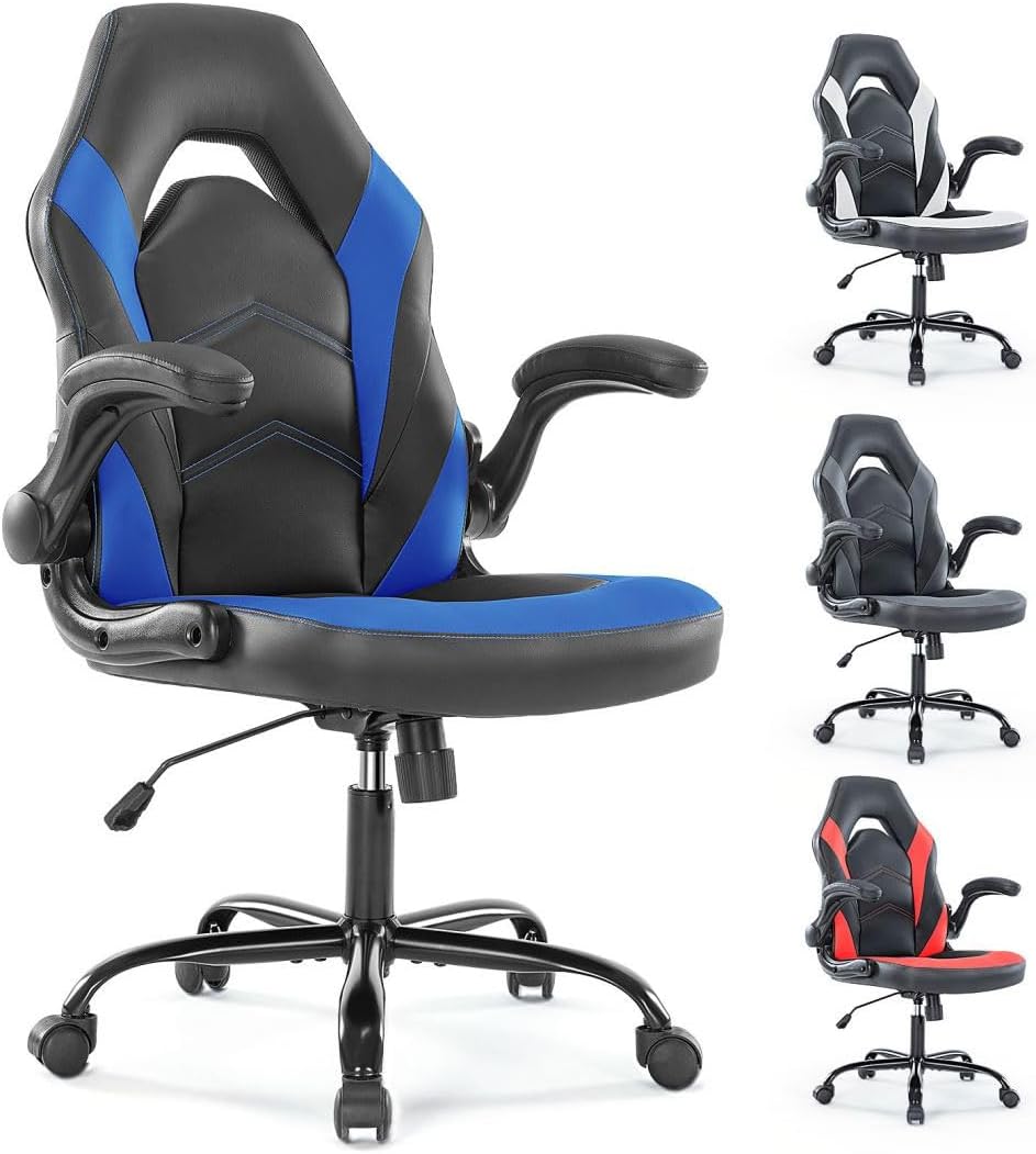 Heavy Duty Gaming Chair Ergonomic Gamer for Home Office with Lumbar Support, Adjustable Backrest, Flip-Up Armrest and Stable 360° Swivel Wheels for Adults, Professional Gamers and Teens, Black-Blue