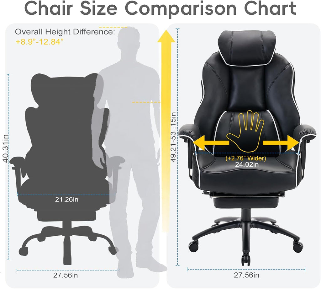 DJWang Big and Tall Office Chair with Foot Rest, High Back Executive Office Chair, PU Leather Ergonomic Chair with Lumbar Support, 135 Reclining Chair with Thickened Spring Cushion, Black