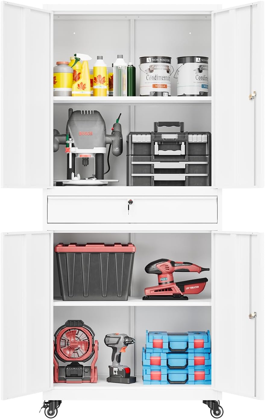 Fesbos 73' Metal Cabinet-White Heavy Duty Rolling Storage Cabinet Steel Tool Cabinets with Wheels, Shelves, Lockable Doors and Drawers- for Garage, Pantry, Warehouse Home Office- Assembly Required