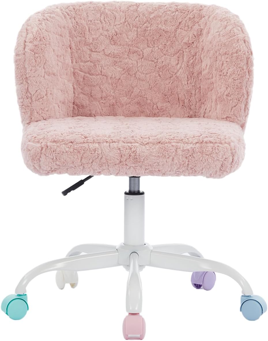Shenyon Pink Faux Fur Vanity Chair, Adjustable Swivel Home Office Chair with Colorful Wheels and Metal Base, Cute Makeup Chair for Women, Teens & Girls(Pink)