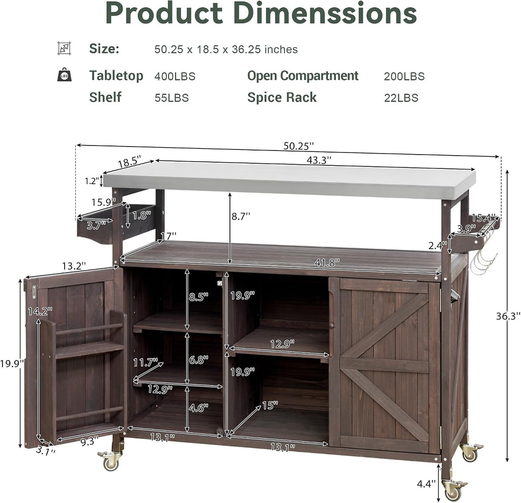 LUMISOL Outdoor Grill Cart with Stainless Steel Top, Farmhouse Rolling Bar Cart & Storage Cabinet with Spice & Towel Rack, Outdoor Solid Wood Kitchen Island with Internal Storage Rack, Dark Brown