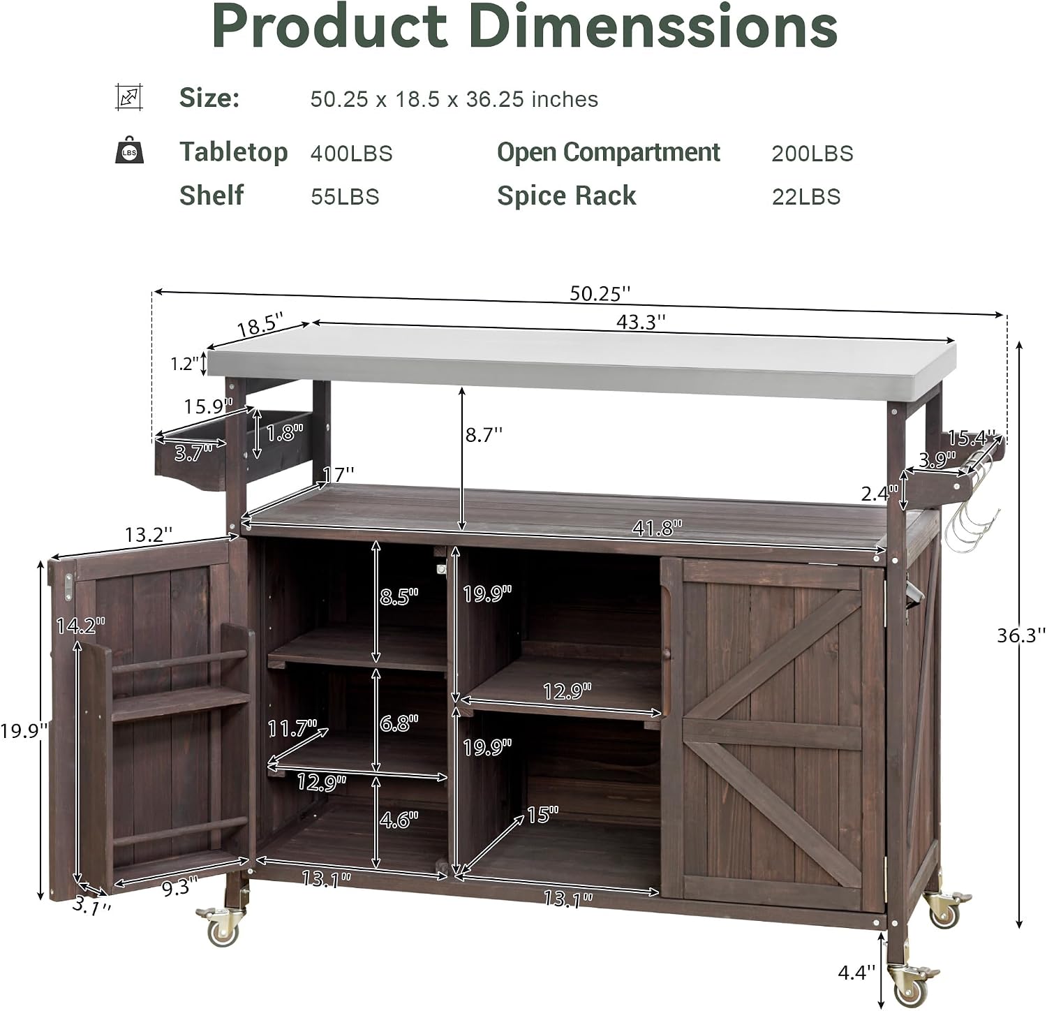 LUMISOL Outdoor Grill Cart with Stainless Steel Top, Farmhouse Rolling Bar Cart & Storage Cabinet with Spice & Towel Rack, Outdoor Solid Wood Kitchen Island with Internal Storage Rack, Dark Brown