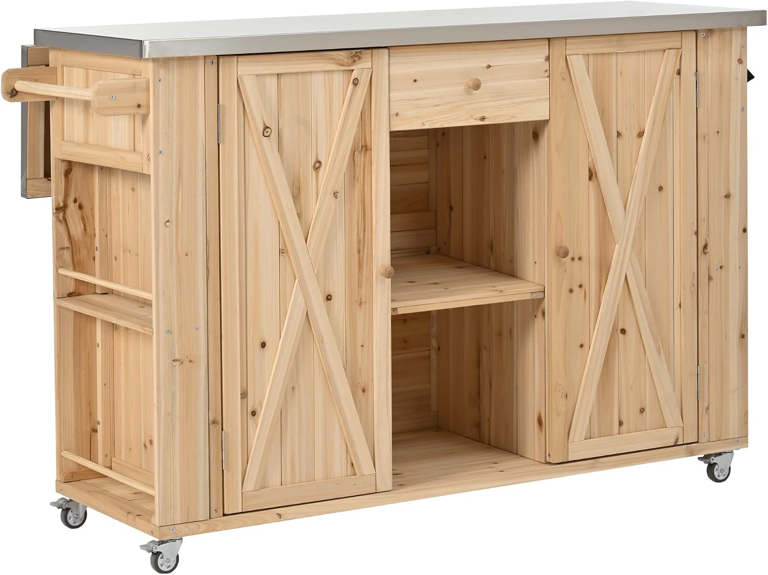 LUMISOL Outdoor Grill Table with Stainless Steel Top, Farmhouse Fir Wood Outdoor Kitchen Island with Ample Storage Space, Rolling Bar Cart with Spice & Towel Rack, and Bottle Opener, Natural