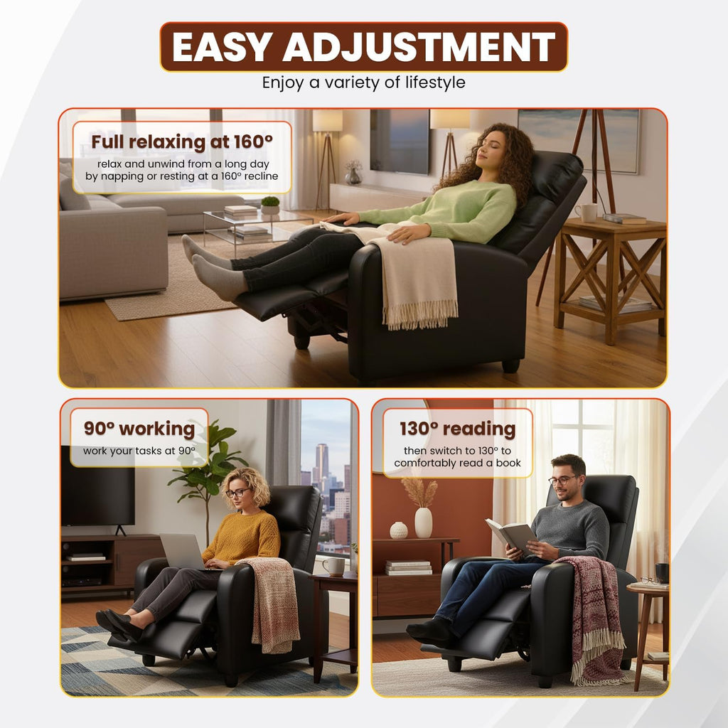 BestMassage Recliner Chair with Adjustable Backrest & Footrest, PU Leather Armchair with Lumbar Support for Living Room, Home Theater, Bedroom (Dark Black)